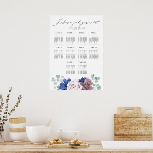 Mauve en Navy Blauwe Bloemen Trouwstoel Grafiek Poster (Keuken)