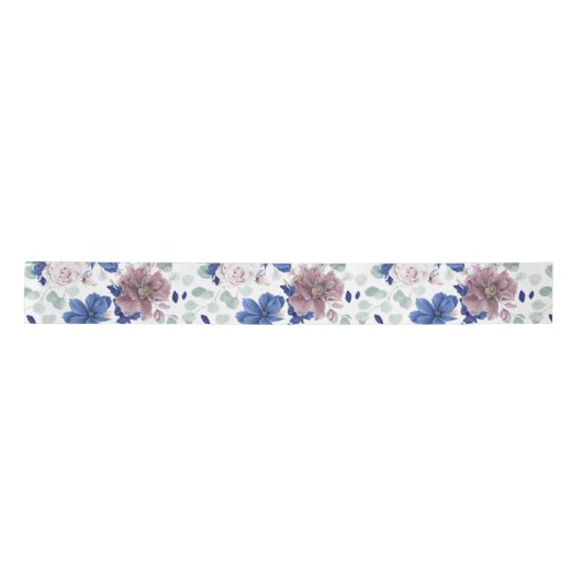 Mauve en Navy Blue Bloemen Botanische Satijnen Lin Lint (Voorkant)