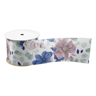 Mauve en Navy Blue Bloemen Botanische Satijnen Lin Lint