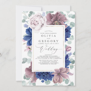 Mauve en Navy Blue Bloemen Elegante bruiloft Kaart