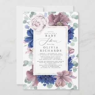 Mauve en Navy Blue Floral Baby shower Invitation Kaart