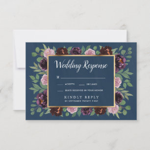 Mauve en Navy Blue Gold Plum bruiloft RSVP Kaarten Kaartje