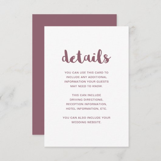 Mauve en White Wedding Guest Details Informatiekaartje (Voorkant / Achterkant)