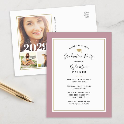 Mauve et Gold 3 Photo Graduation Party Invitation