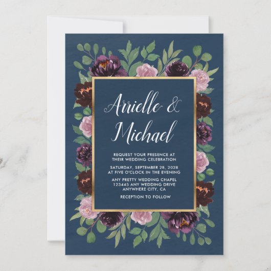 Mauve et Marine Blue Gold Plum Invitations de mari (Devant)