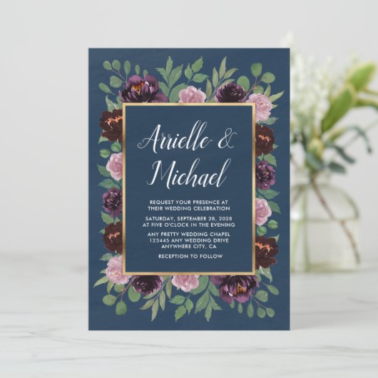Mauve et Marine Blue Gold Plum Invitations de mari (Debout devant)