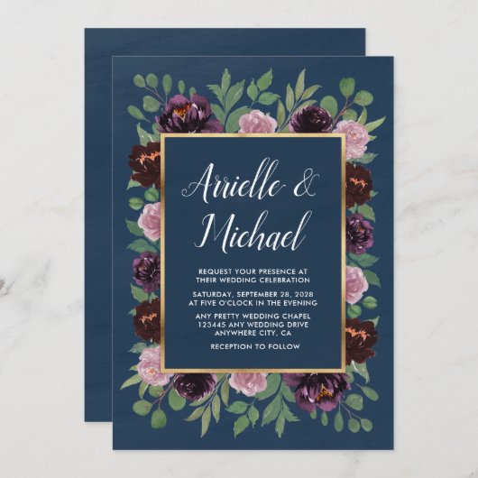 Mauve et Marine Blue Gold Plum Invitations de mari (Devant / Derrière)