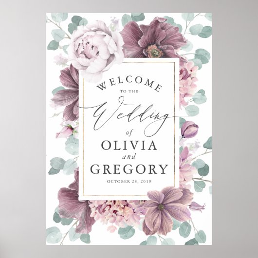 Mauve Flowers Elegant Greenery Wedding Welcome Poster (Voorkant)