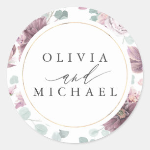 Mauve Flowers en Goud Lijst Elegante bruiloft Ronde Sticker