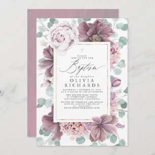 Mauve Flowers Eucalyptus Leaves Elegant Baptism Kaart