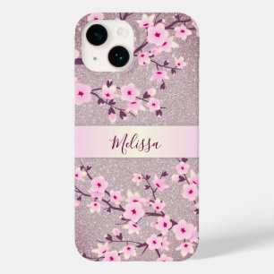 Mauve Glitter Floral Cherry Blossom Monogram Case-Mate iPhone 14 Hoesje