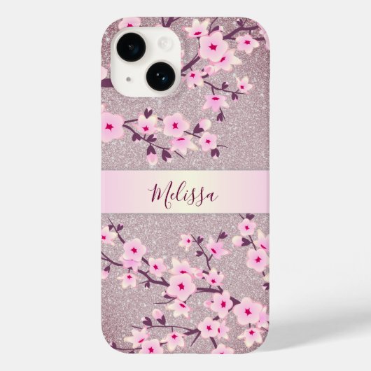 Mauve Glitter Floral Cherry Blossom Monogram Case-Mate iPhone Case (Achterkant)