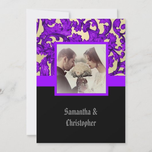 Mauve Gothic damask wedding photo invitation (Dos)
