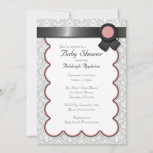 Mauve & Grey Damask Baby Shower Invitations (Devant)