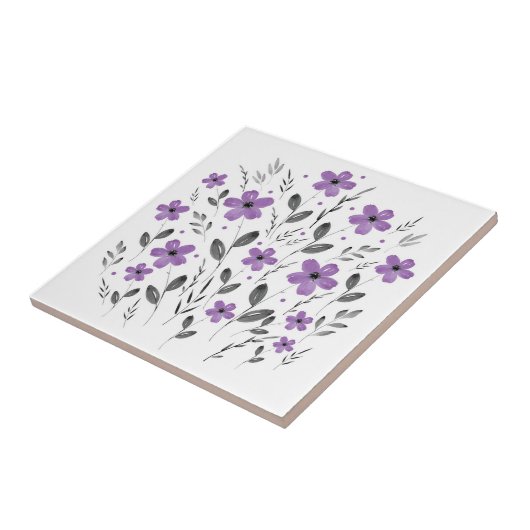 Mauve Grey Five Petal Waterverf Floral Motif Tegeltje (Zijkant)