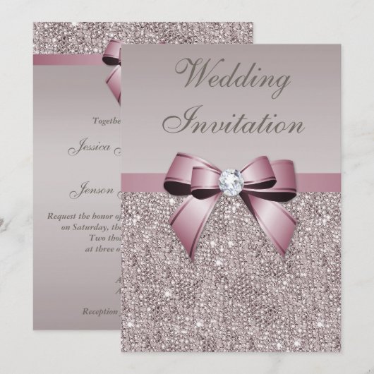 Mauve Grey Sequins Diamonds Bow Wedding Kaart (Voorkant / Achterkant)
