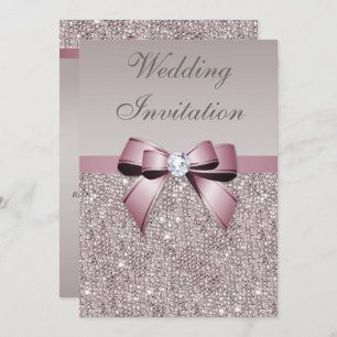 Mauve Grey Sequins Diamonds Bow Wedding Kaart
