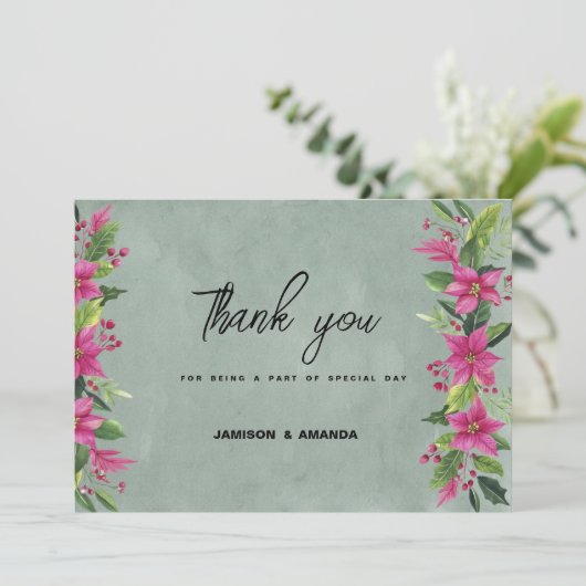 Mauve groen roze winter bloemenkerst Bedankt Kaart (Staand voorkant)