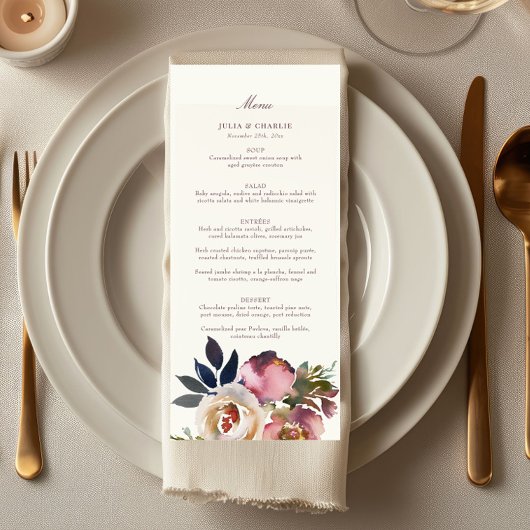 Mauve Indigo Waterverf Roos Wedding Menu