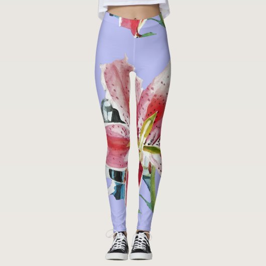 Mauve Lila Lily floral art waterverf Leggings (Voorkant)