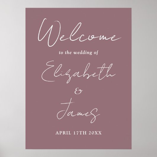 Mauve Minimalist Script Wedding Welkomstbord Poster (Voorkant)