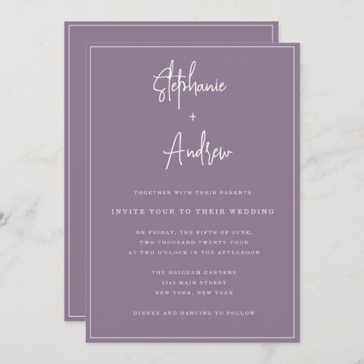Mauve Moderne Simple Faire-part de mariage (Devant / Derrière)