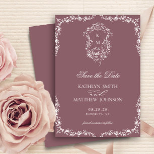 Mauve Monogram Bloemen Crest Bruiloft Save The Date