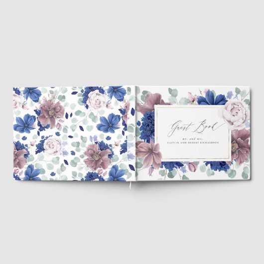 Mauve Navy Blue Floral Elegant bruiloft gastenboek (Volledig)