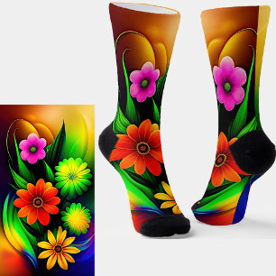Mauve Oranje Gele Bloemen op Goud & Groen Sokken
