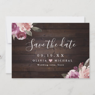 Mauve paars & moerbei bloemrijke rustieke houten b save the date