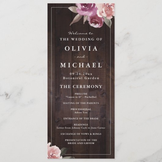 Mauve paars & mulberry florale bruiloft menu (Voorkant)