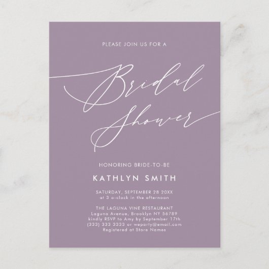 Mauve Paarse Elegant Script Moderne Vrijgezellenfe Uitnodiging Briefkaart (Voorkant)