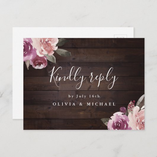 Mauve paarse floral rustic wood bruiloft rsvp uitnodiging briefkaart (Voorkant / Achterkant)