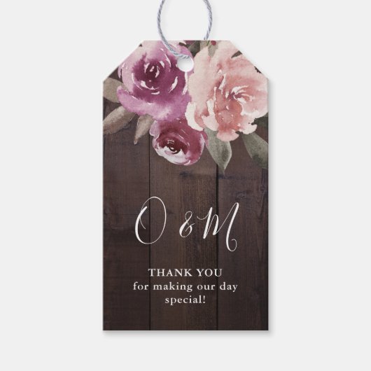 Mauve paarse floral rustige houtmonogram bruiloft cadeaulabel (Voorkant)