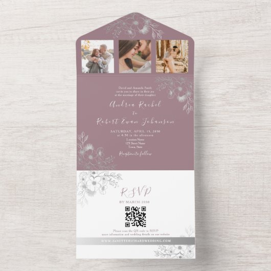 Mauve Paarse Huwelijk QR Code All In One Uitnodiging (Binnen)