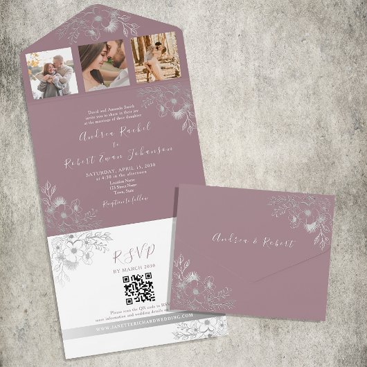 Mauve Paarse Huwelijk QR Code All In One Uitnodiging