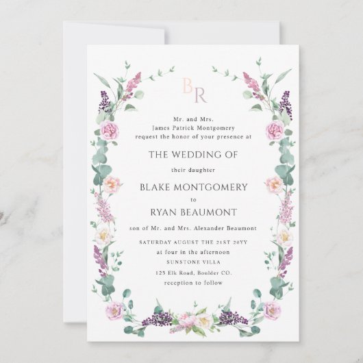 Mauve Paarse Pastel Bloemen Monogram Huwelijk Kaart (Voorkant)
