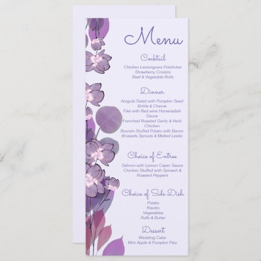 Mauve paarse periwinkle floral Wedding Menu (Voorkant / Achterkant)