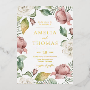 Mauve Pink and White Roses Floral Wreath Wedding Folie Uitnodiging