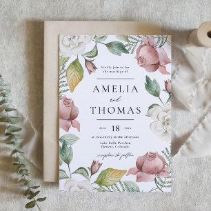 Mauve Pink and White Roses Floral Wreath Wedding Kaart