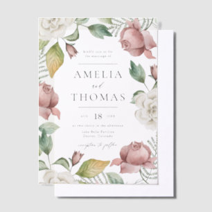 Mauve Pink and White Roses Floral Wreath Wedding Vellum Uitnodigingen