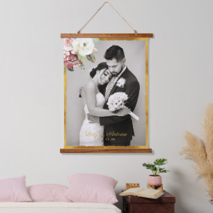 Mauve Pink Floral Gold Edge Weduwfoto Hout Hangend Wandkleed