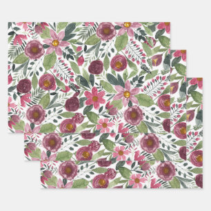 Mauve Pink Forest Green Waterverf Flowers Leaves Inpakpapier Vel