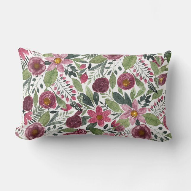 Mauve Pink Forest Green Waterverf Flowers Leaves Kussen (Voorkant)