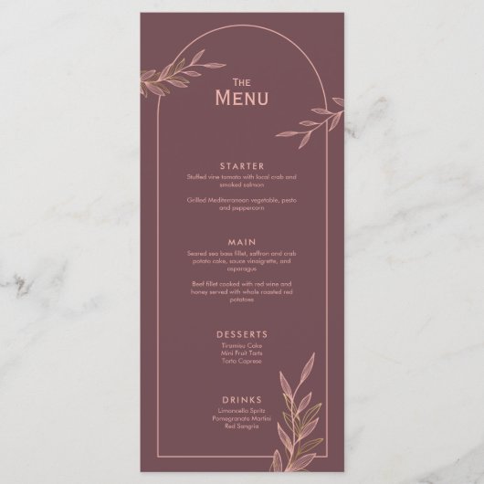 Mauve Pink Gold Leaf Mariage Événement Menu Carte  (Devant)