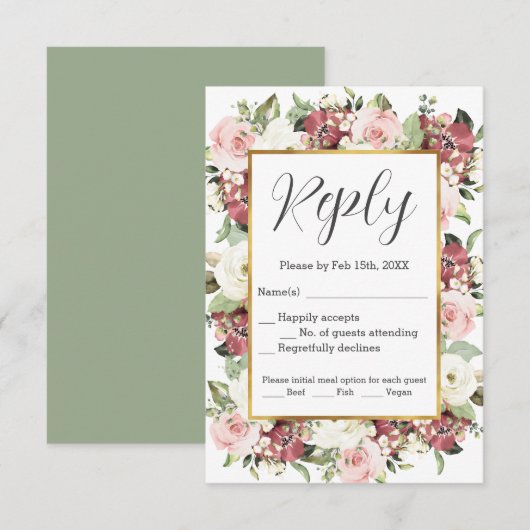 Mauve Pink Green Florals Gold Lijst RSVP (Voorkant / Achterkant)