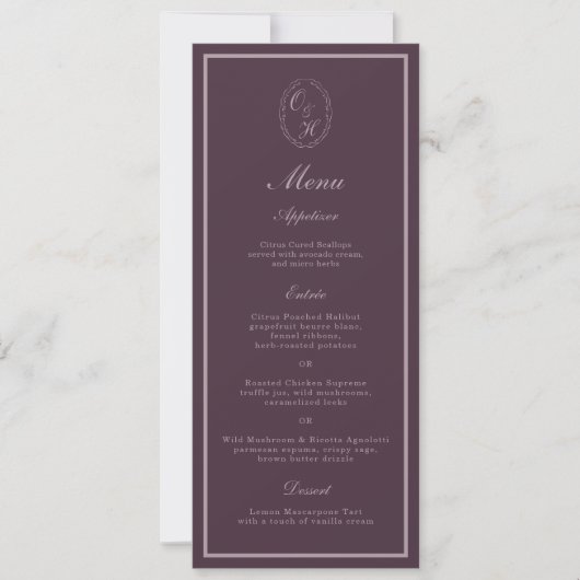 Mauve Plum Monogram Wedding Long Menu Kaart (Voorkant)