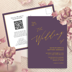 Mauve QR-code in één Gold Script Chic Wedding Uitnodiging Briefkaart
