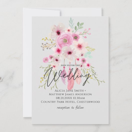 Mauve rose BOHO Faire-part de mariage en plumes fl (Devant)