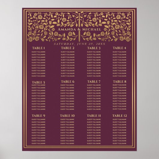 Mauve Royal Medieval Sword Wedding Seding Chart Poster (Voorkant)